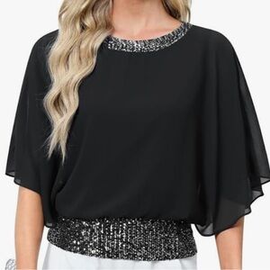 Elegant Black Sequin Trim Women's Top